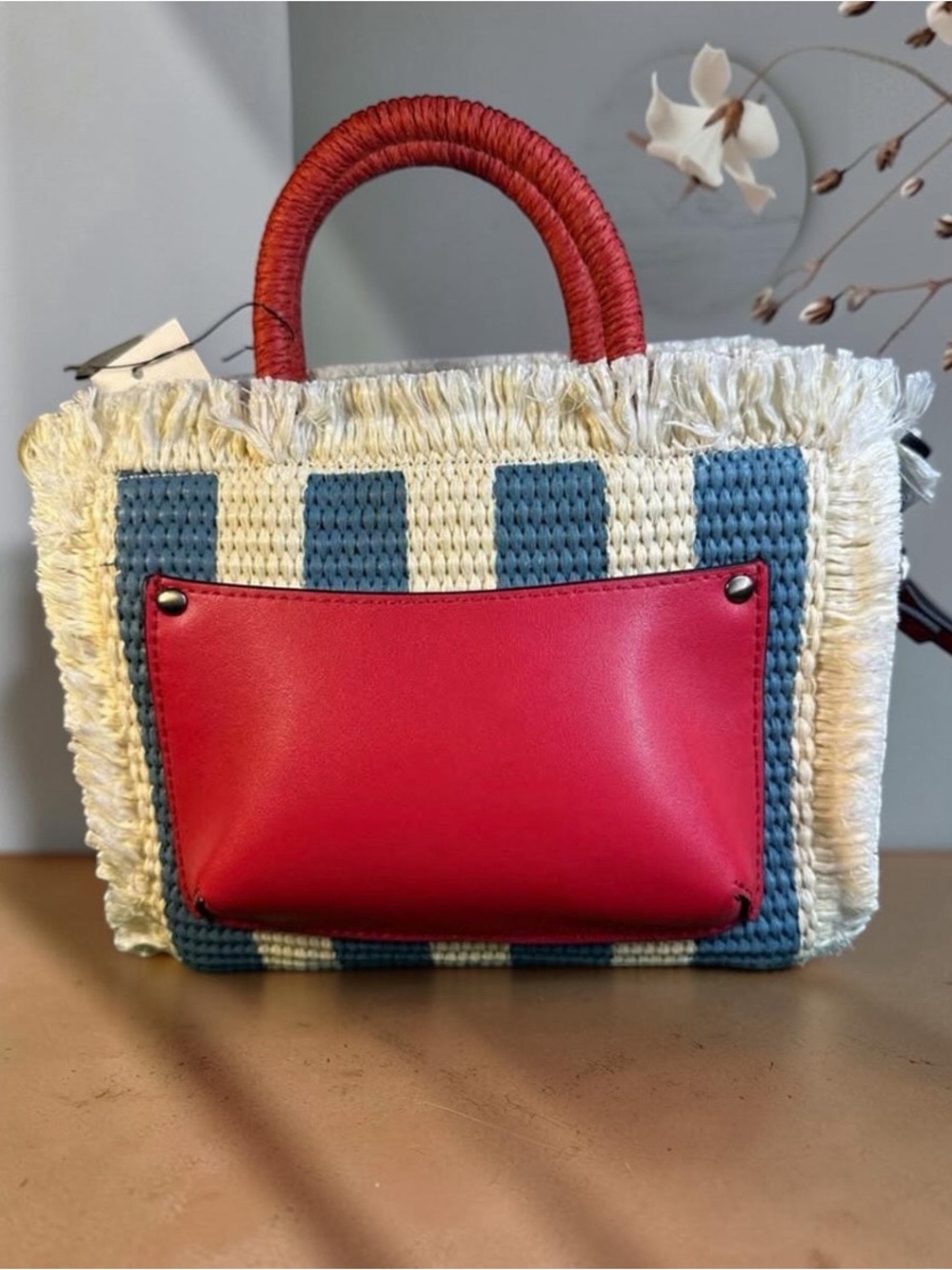Patricia Nash Blue & Cream Striped Straw Tote with Red Accents - Picture 3 of 6
